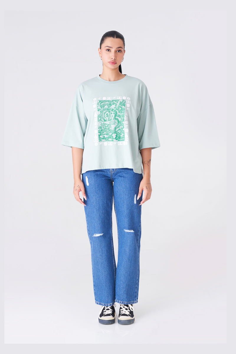 Light Green Oversized Baggy T-Shirt with Bold Graphic