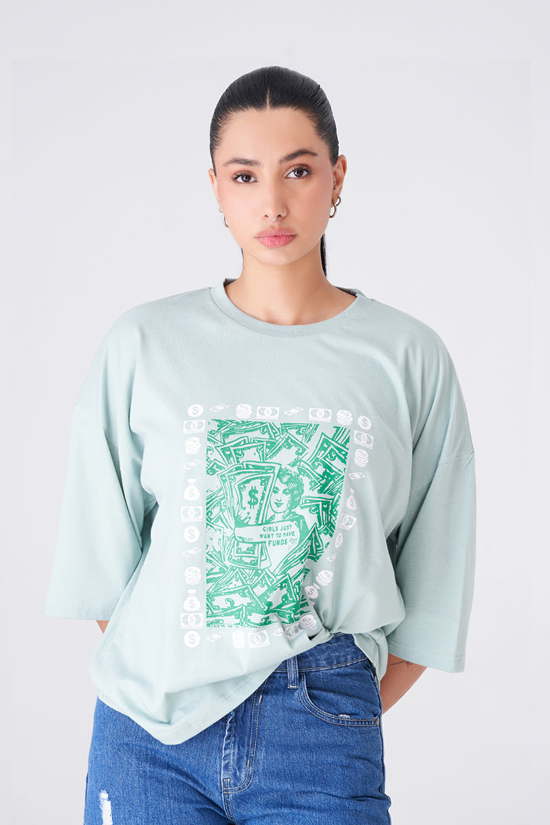 Light Green Oversized Baggy T-Shirt with Bold Graphic