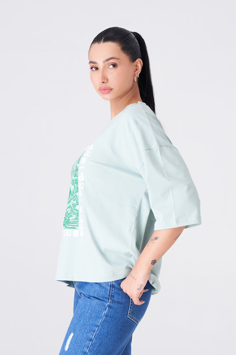 Light Green Oversized Baggy T-Shirt with Bold Graphic