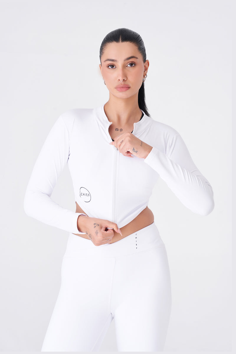 White Full Sleeves Zipper Top for a Sleek Gym Look