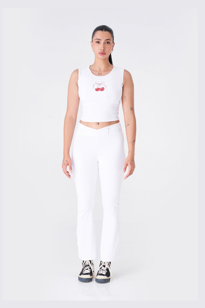 Chic White Crop Top with Cute Cherry Graphic