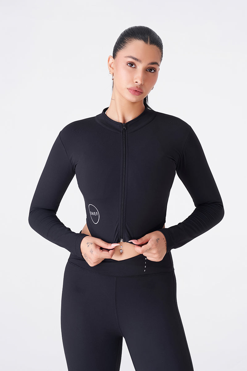 Black Full Sleeves Zipper Top for a Sleek Gym Look