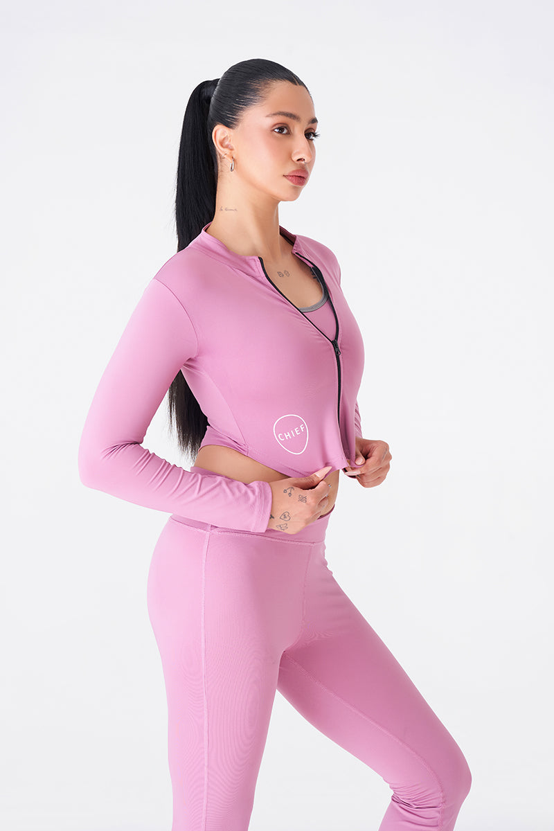 Peach Full Sleeves Zipper Top for a Sleek Gym Look