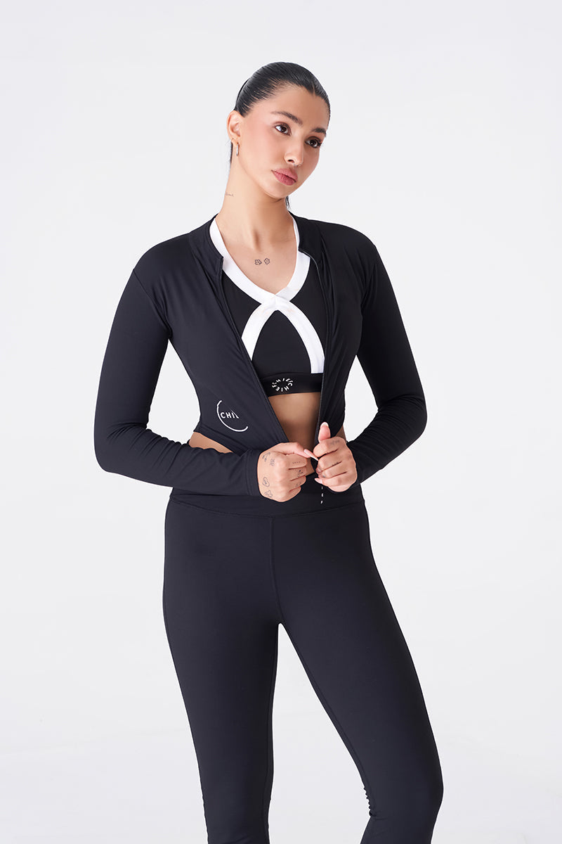Black Full Sleeves Zipper Top for a Sleek Gym Look