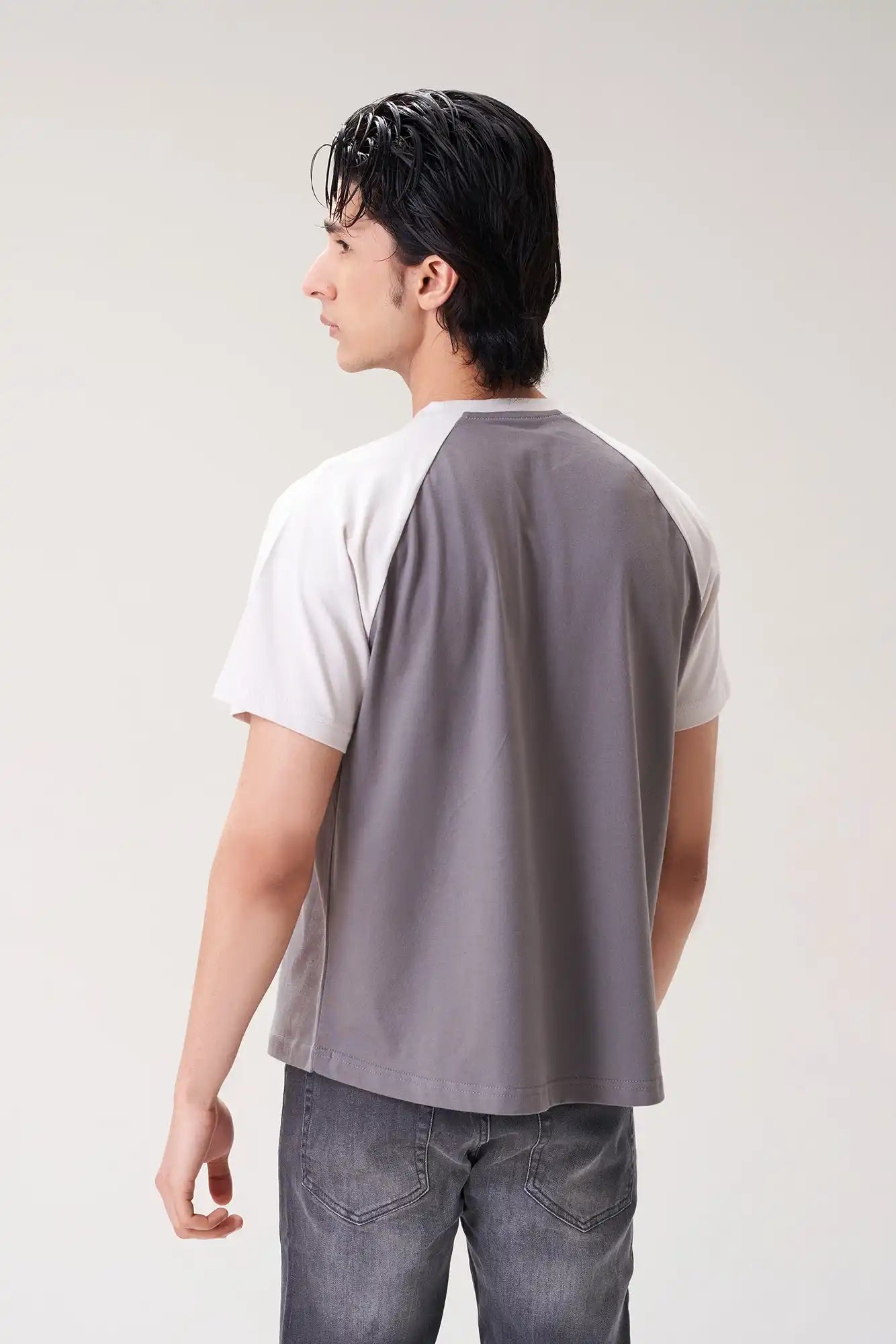 Men's Grey and White Casual Raglan T-Shirt