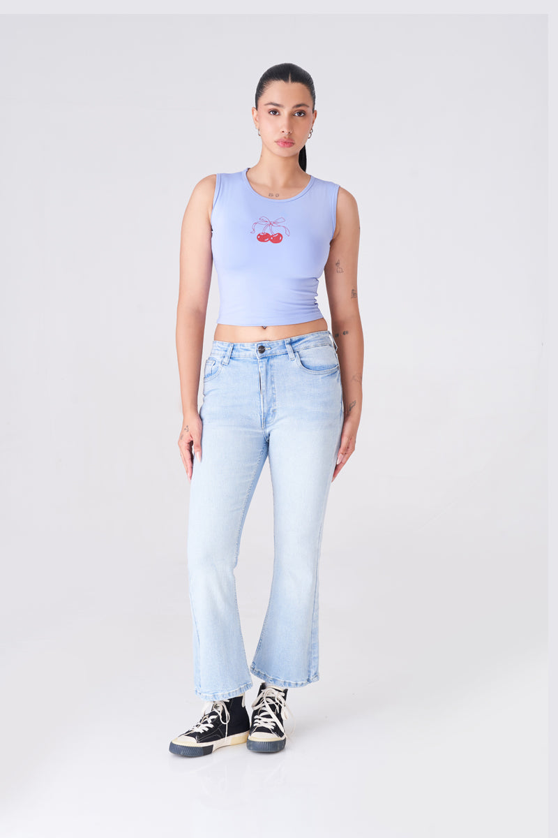 Chic Sky Blue Crop Top with Cute Cherry Graphic