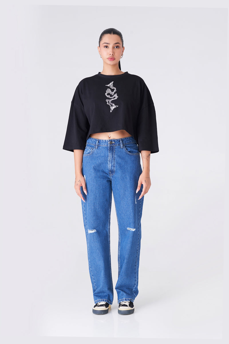 Black Oversized T-shirt with Eye-Catching Abstract Print