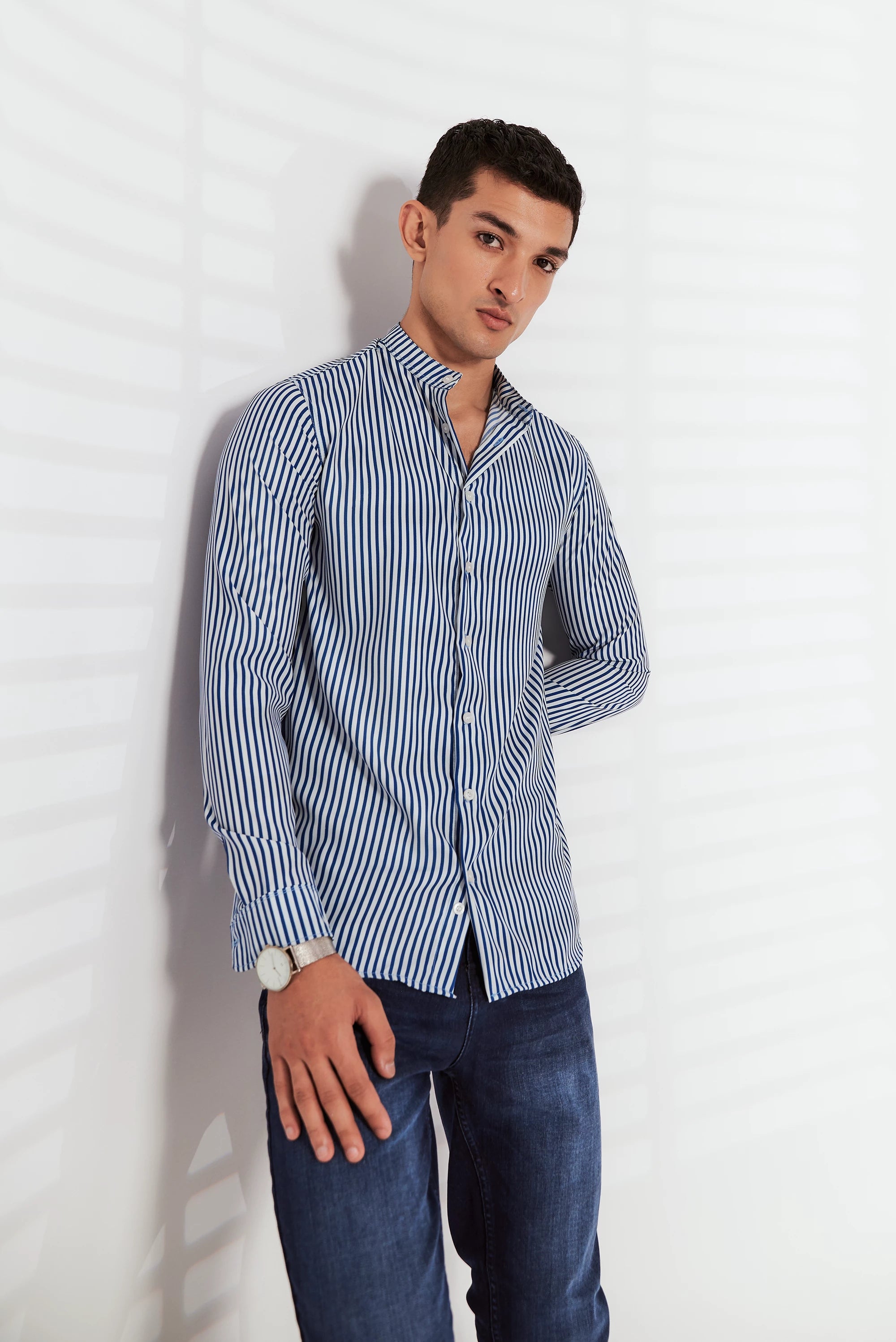 Men's Striped Button-Up Shirt Blue