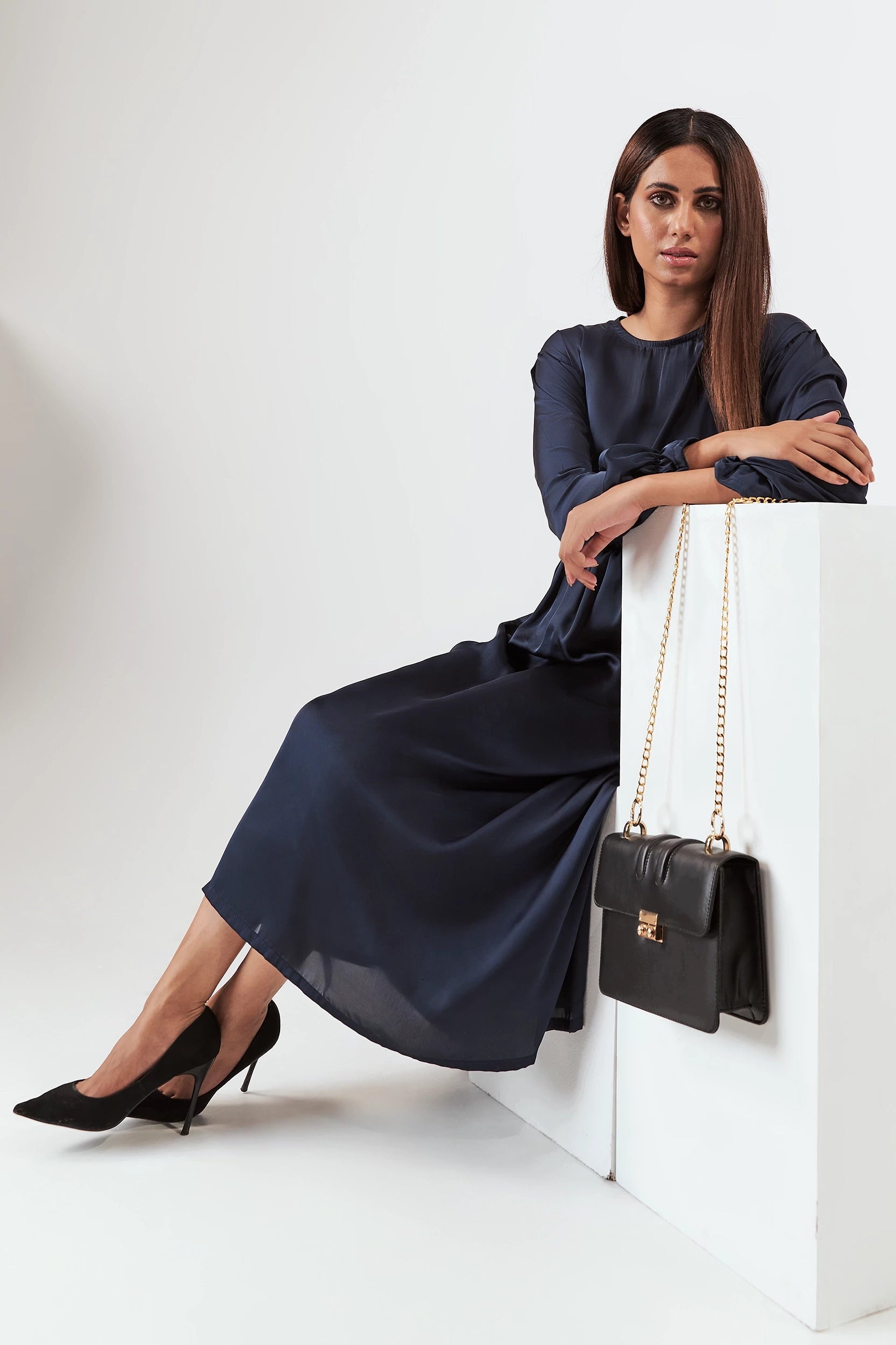 Women's Gathered Silk Long Dress Blue