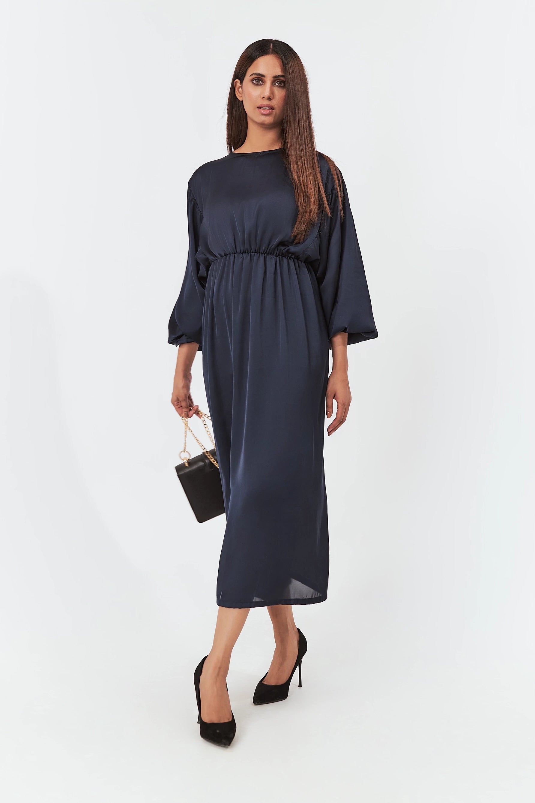 Women's Gathered Silk Long Dress Blue