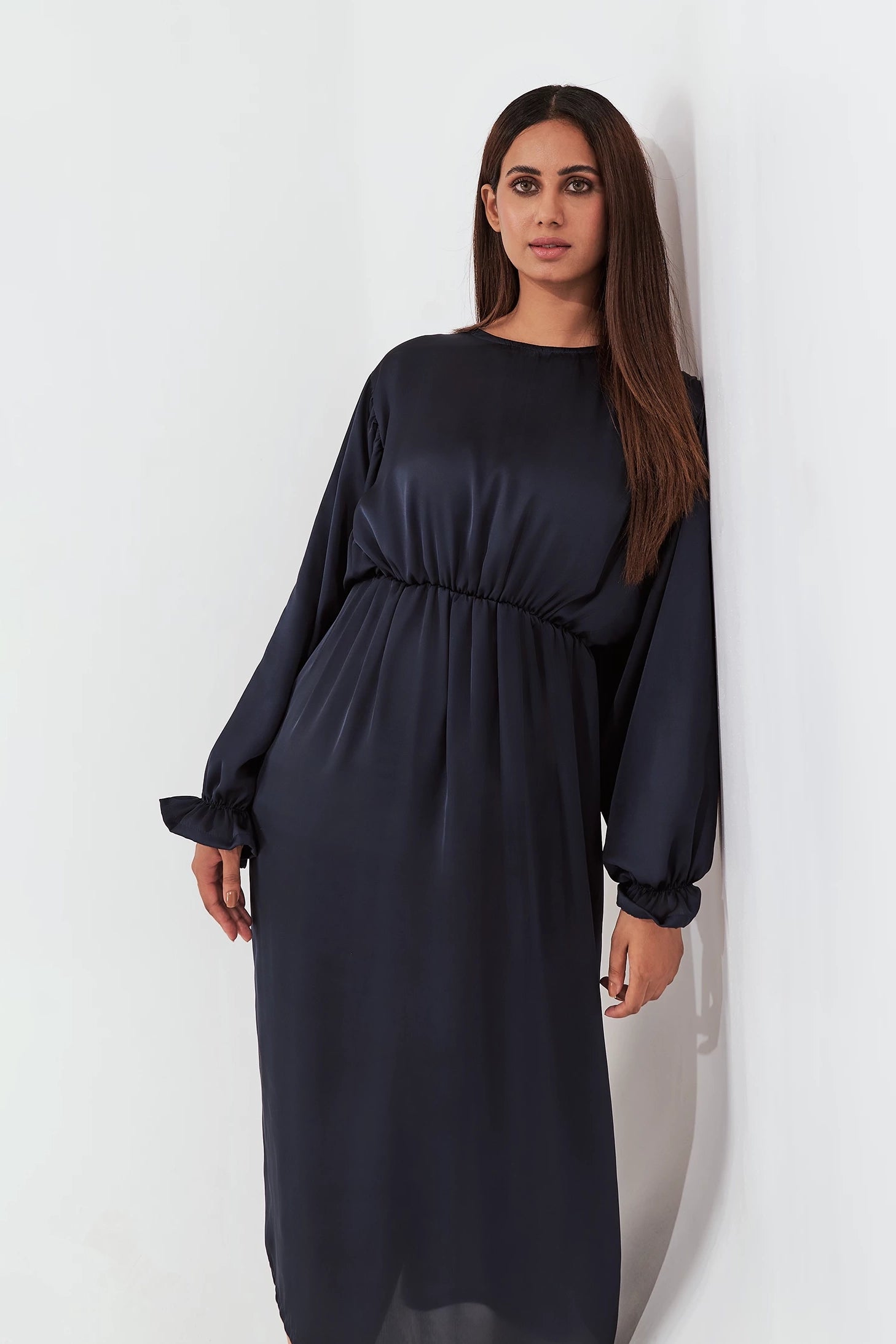 Women's Gathered Silk Long Dress Blue