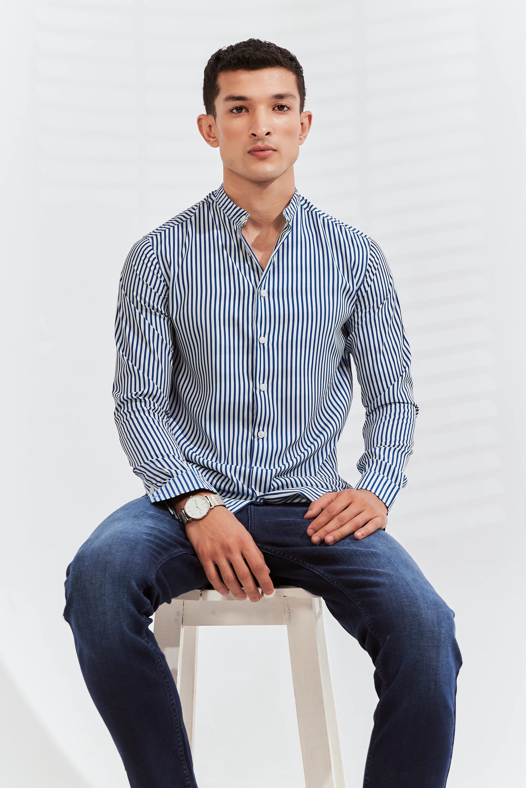Men's Striped Button-Up Shirt Blue
