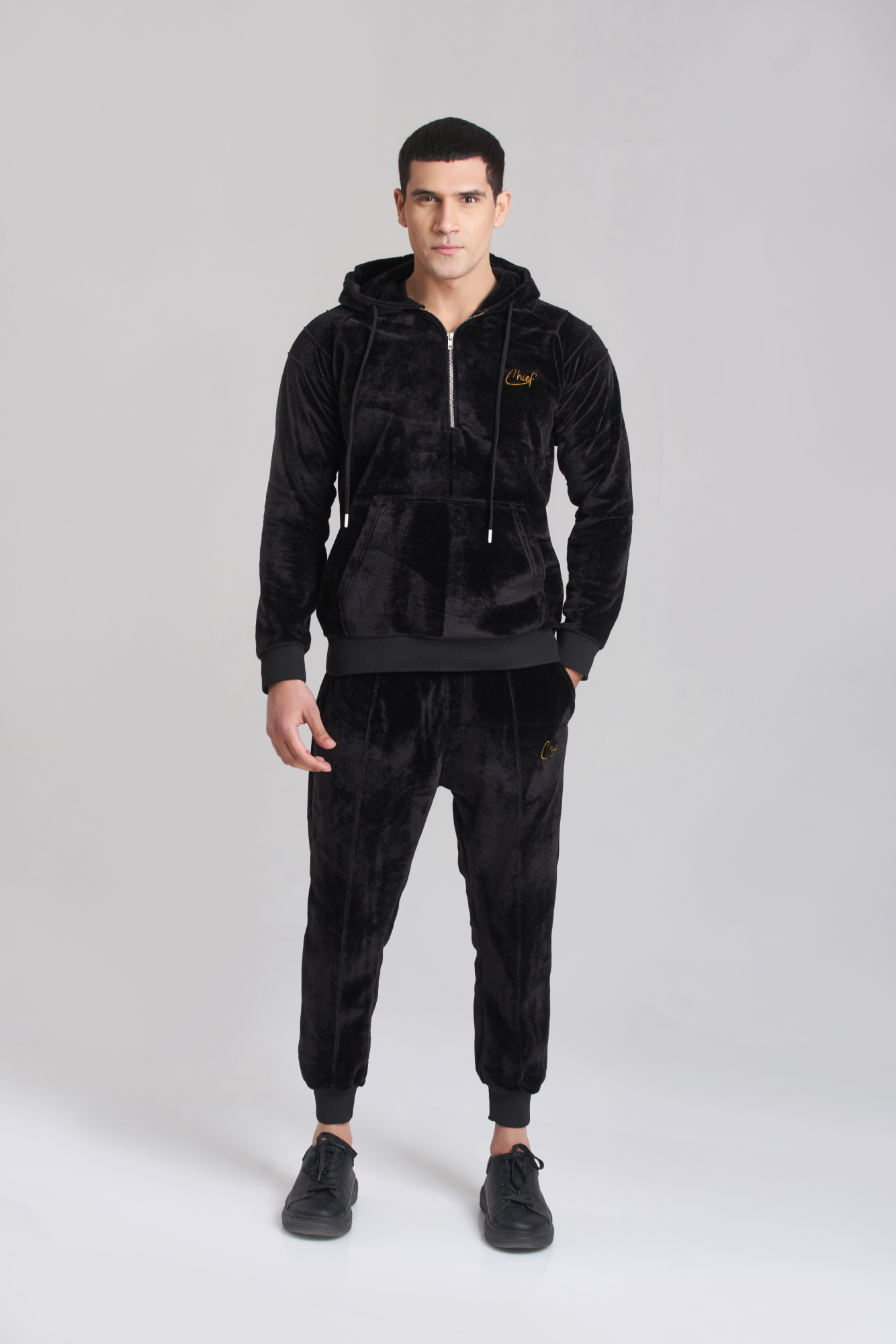 Solid Black Velvet Hoody TrackSuit - Men