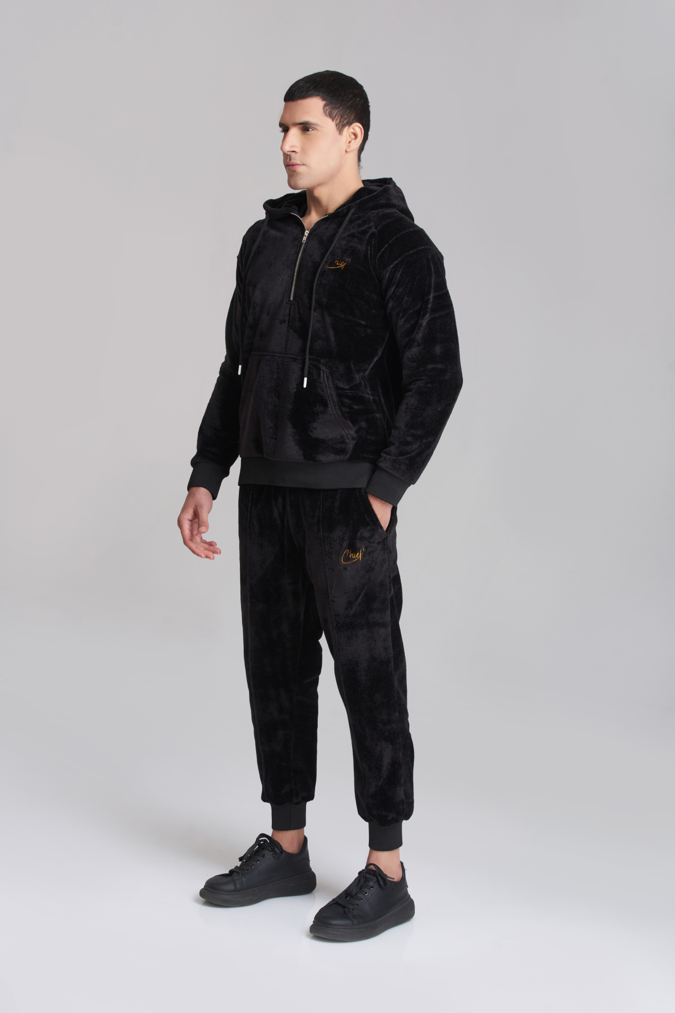 Solid Black Velvet Hoody TrackSuit - Men