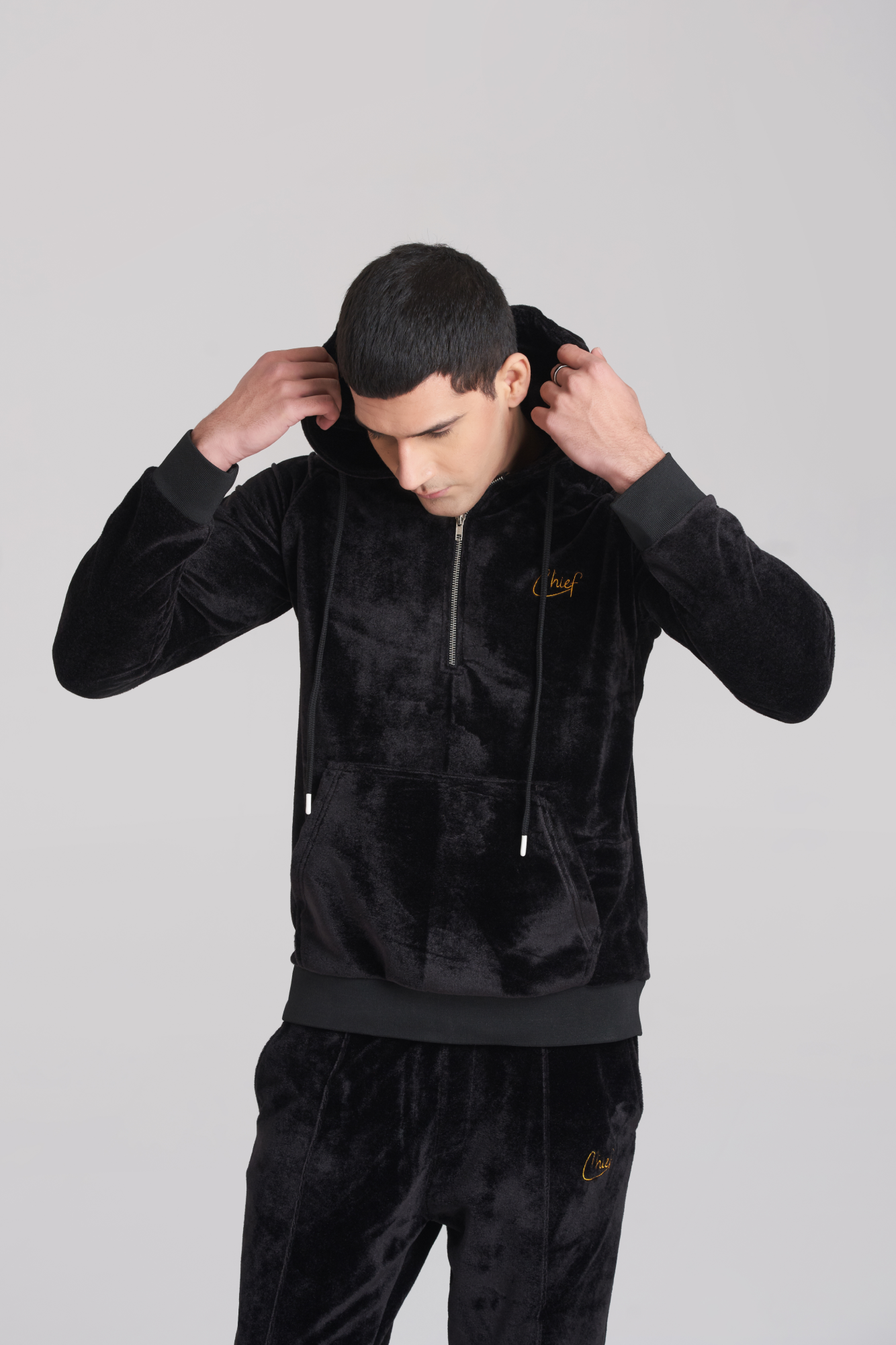 Solid Black Velvet Hoody TrackSuit - Men