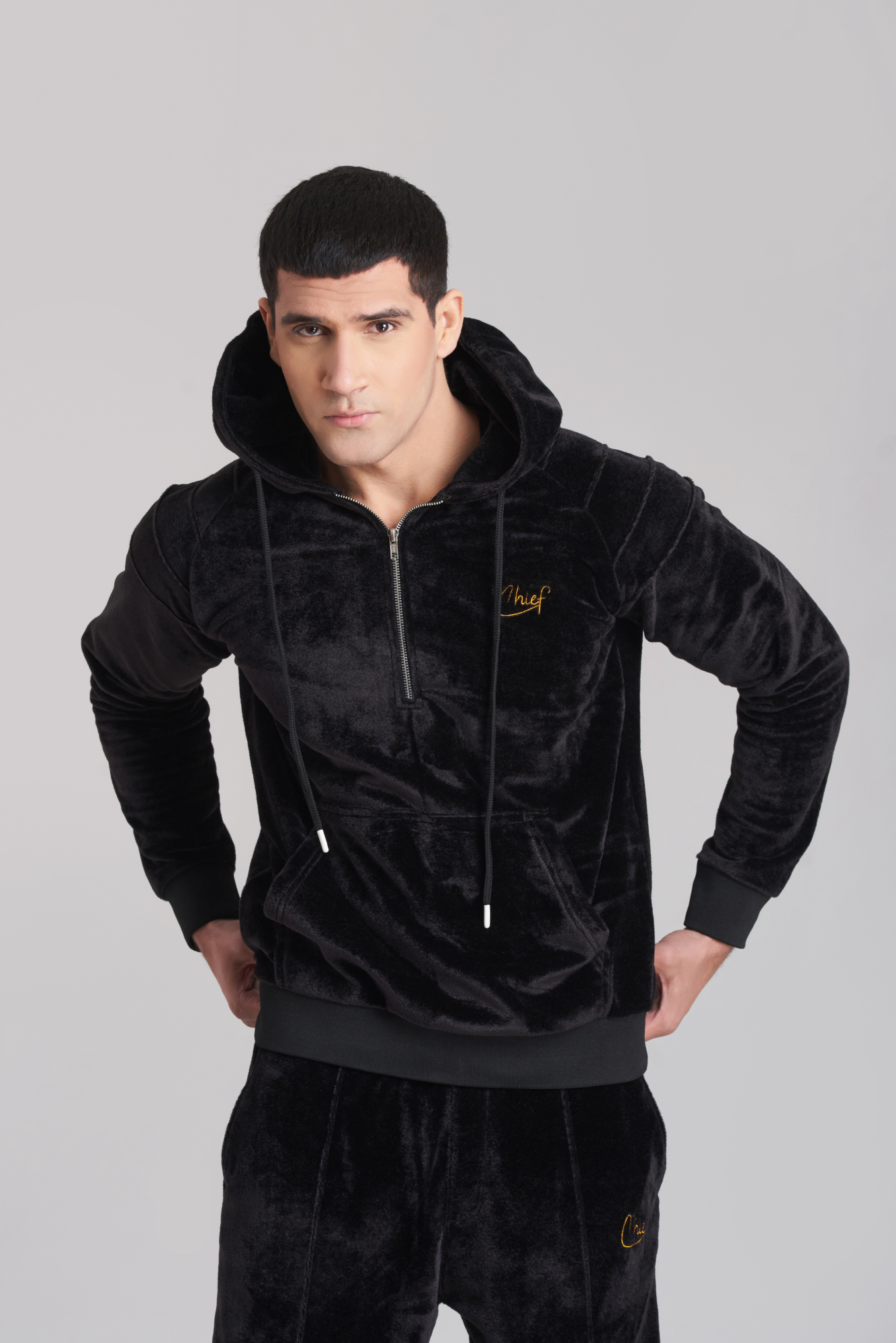 Solid Black Velvet Hoody TrackSuit - Men