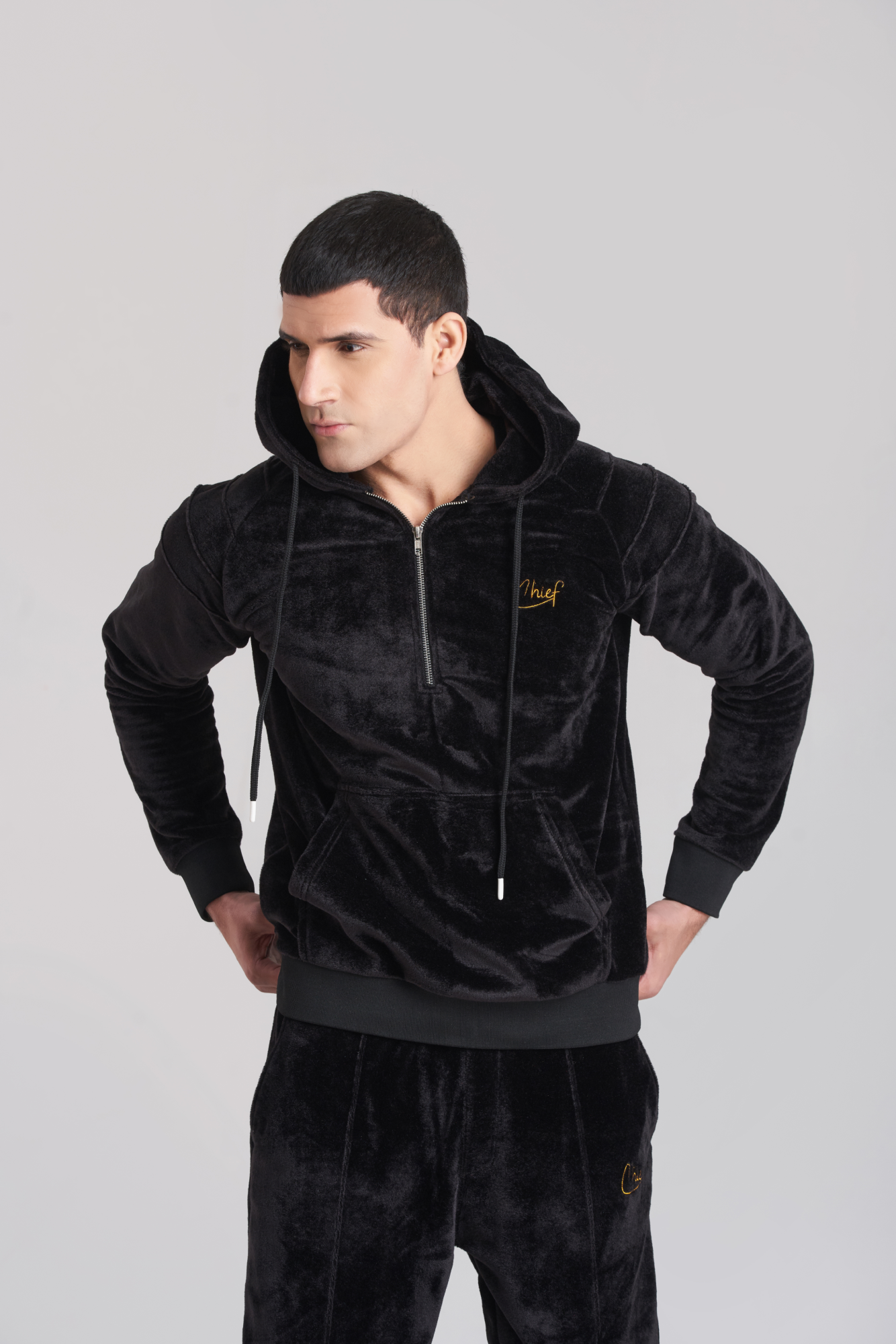 Solid Black Velvet Hoody TrackSuit - Men