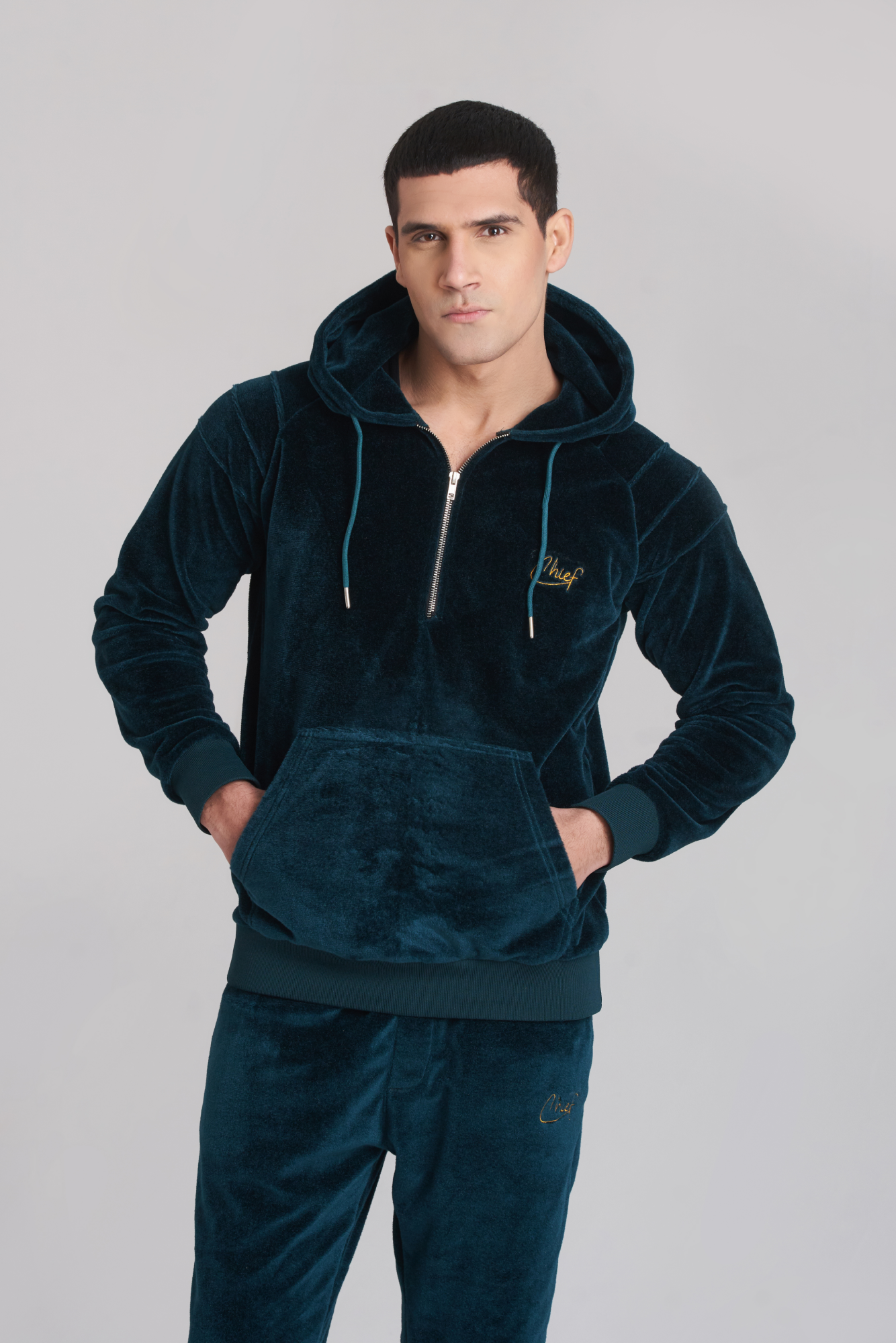 Solid Poseidon Velvet Hoody TrackSuit - Men