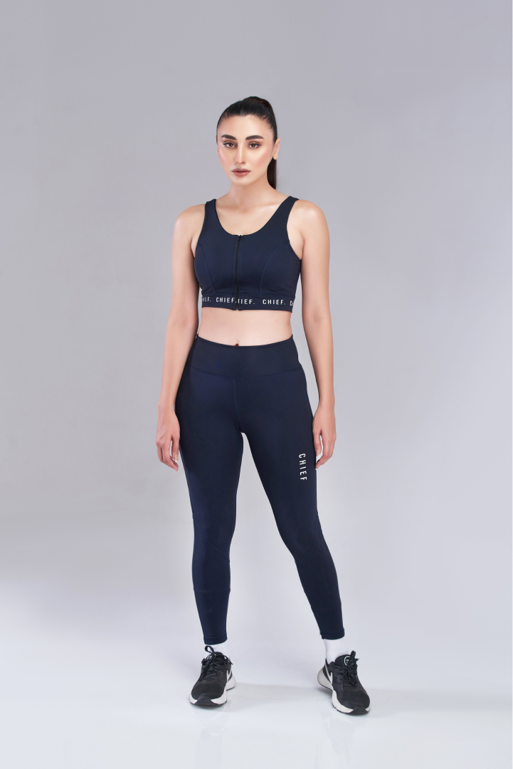 Navy Blue Zipper Sports Bra