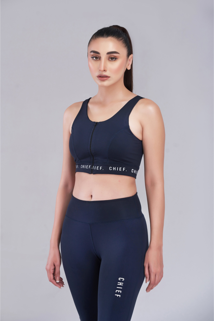 Navy Blue Zipper Sports Bra