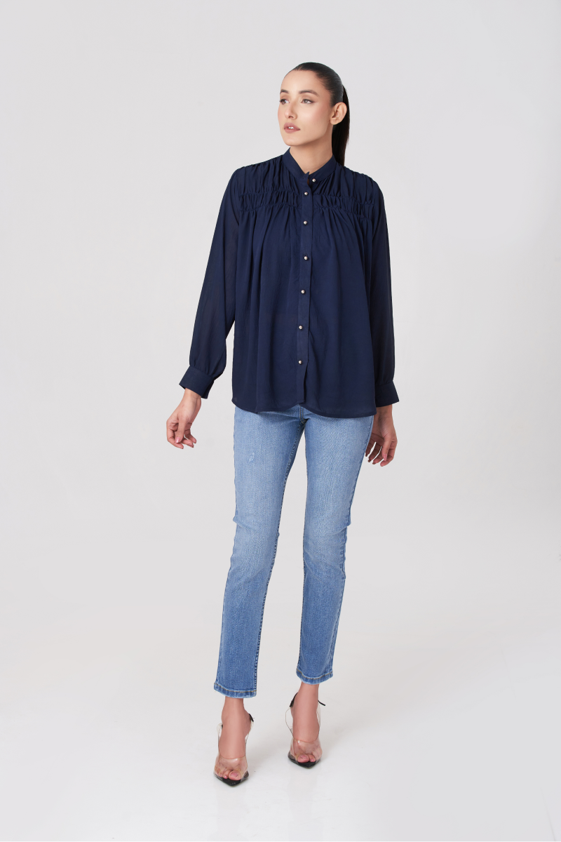 Navy Blue Women's Gatherd Button Up Shirt