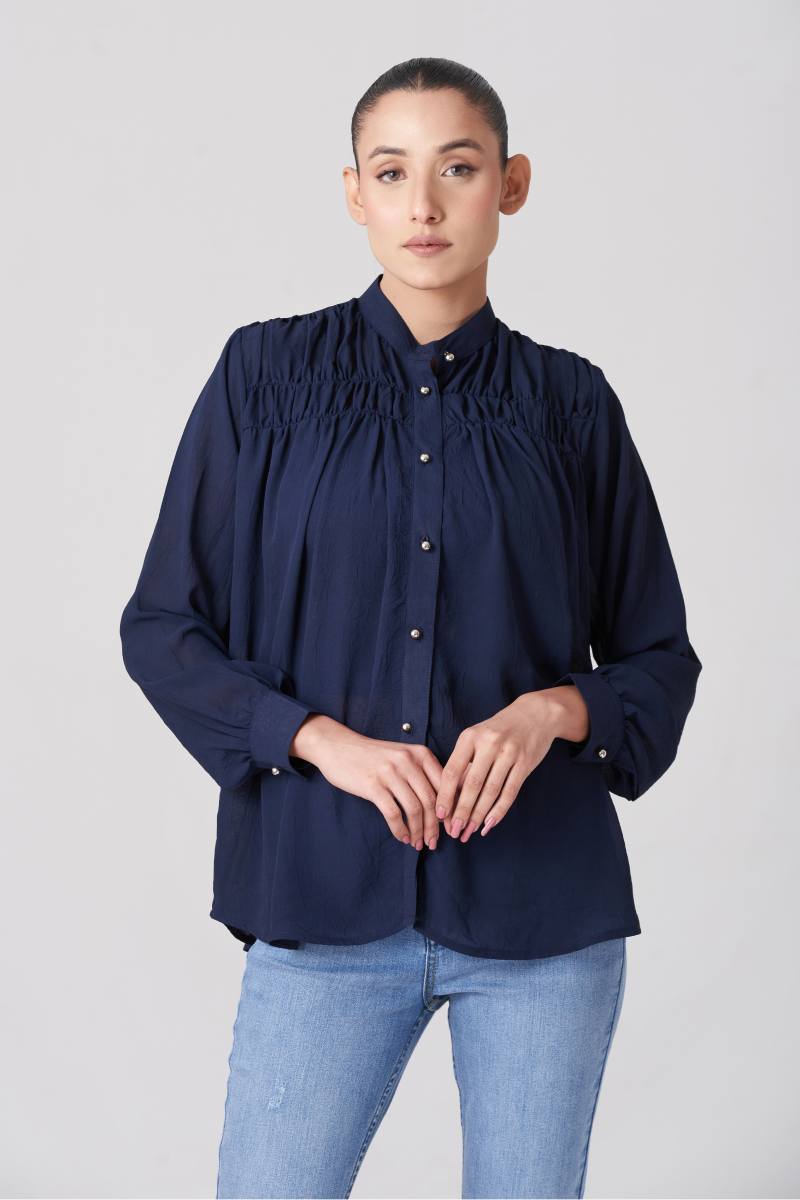 Navy Blue Women s Gatherd Button Up Shirt