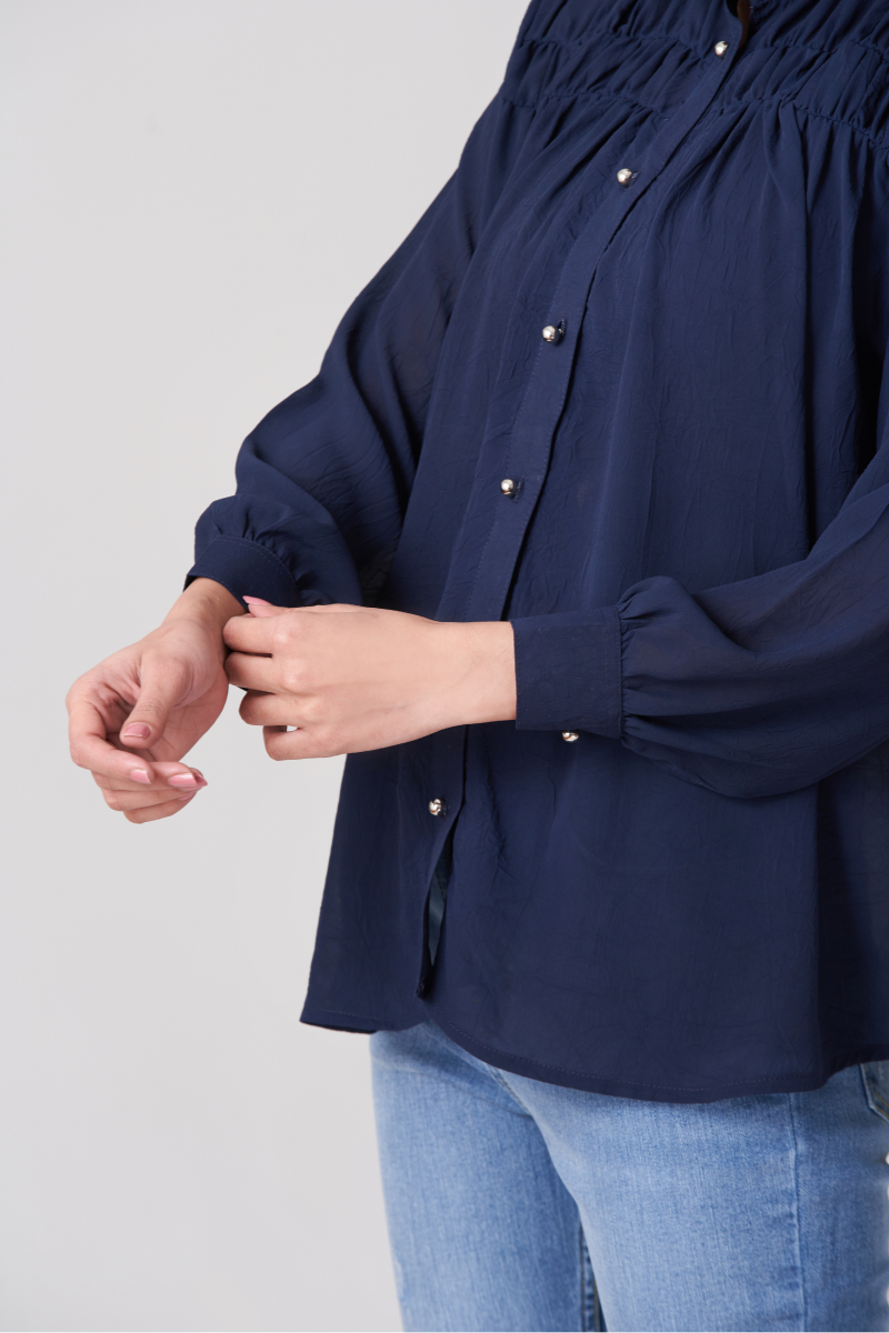 Navy Blue Women's Gatherd Button Up Shirt
