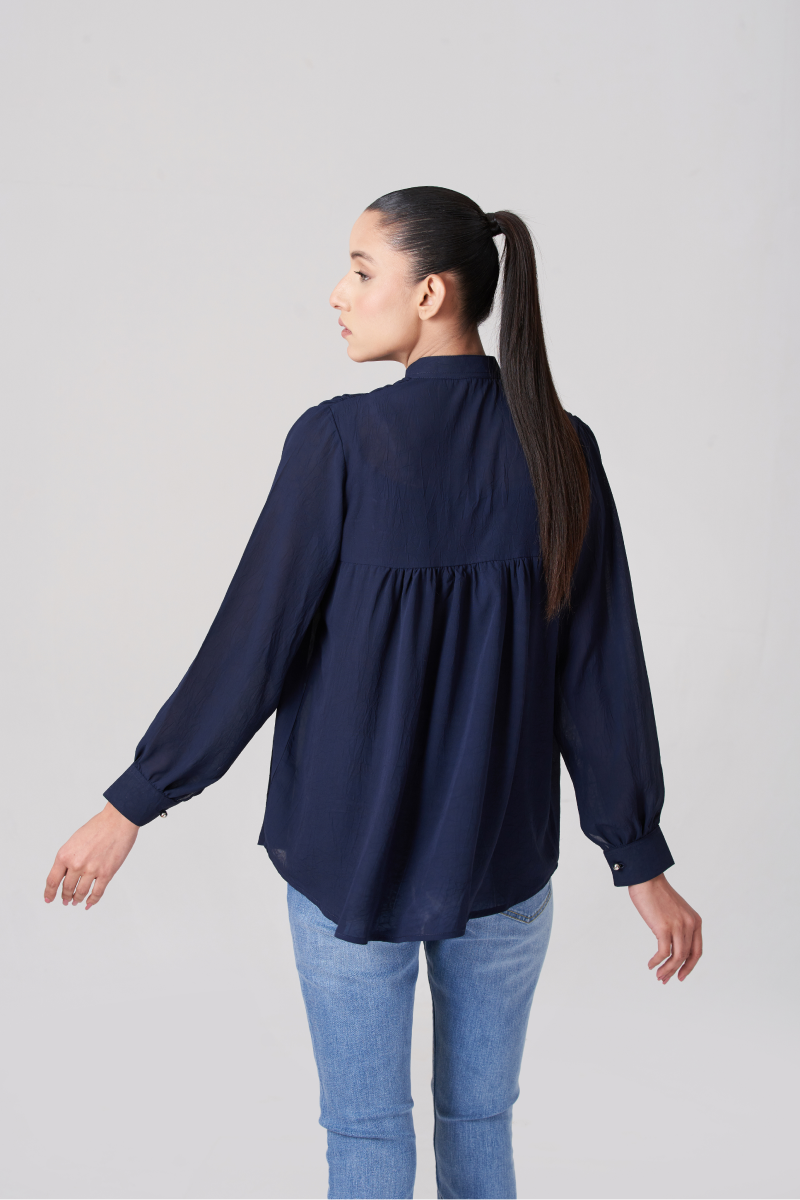 Navy Blue Women's Gatherd Button Up Shirt