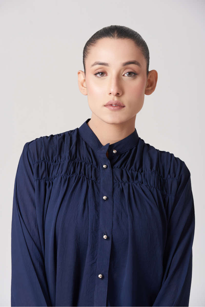 Navy Blue Women's Gatherd Button Up Shirt
