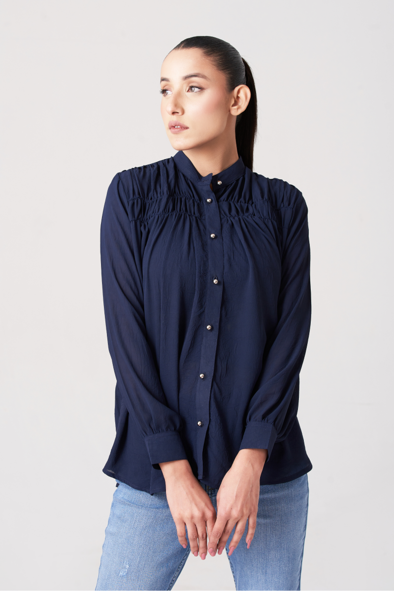 Navy Blue Women's Gatherd Button Up Shirt