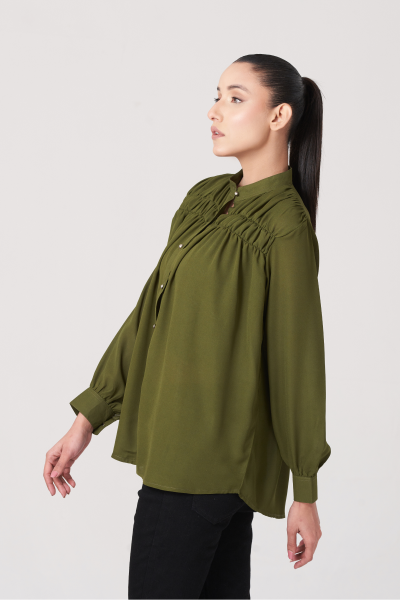 Olive Women's Gatherd Button Up Shirt