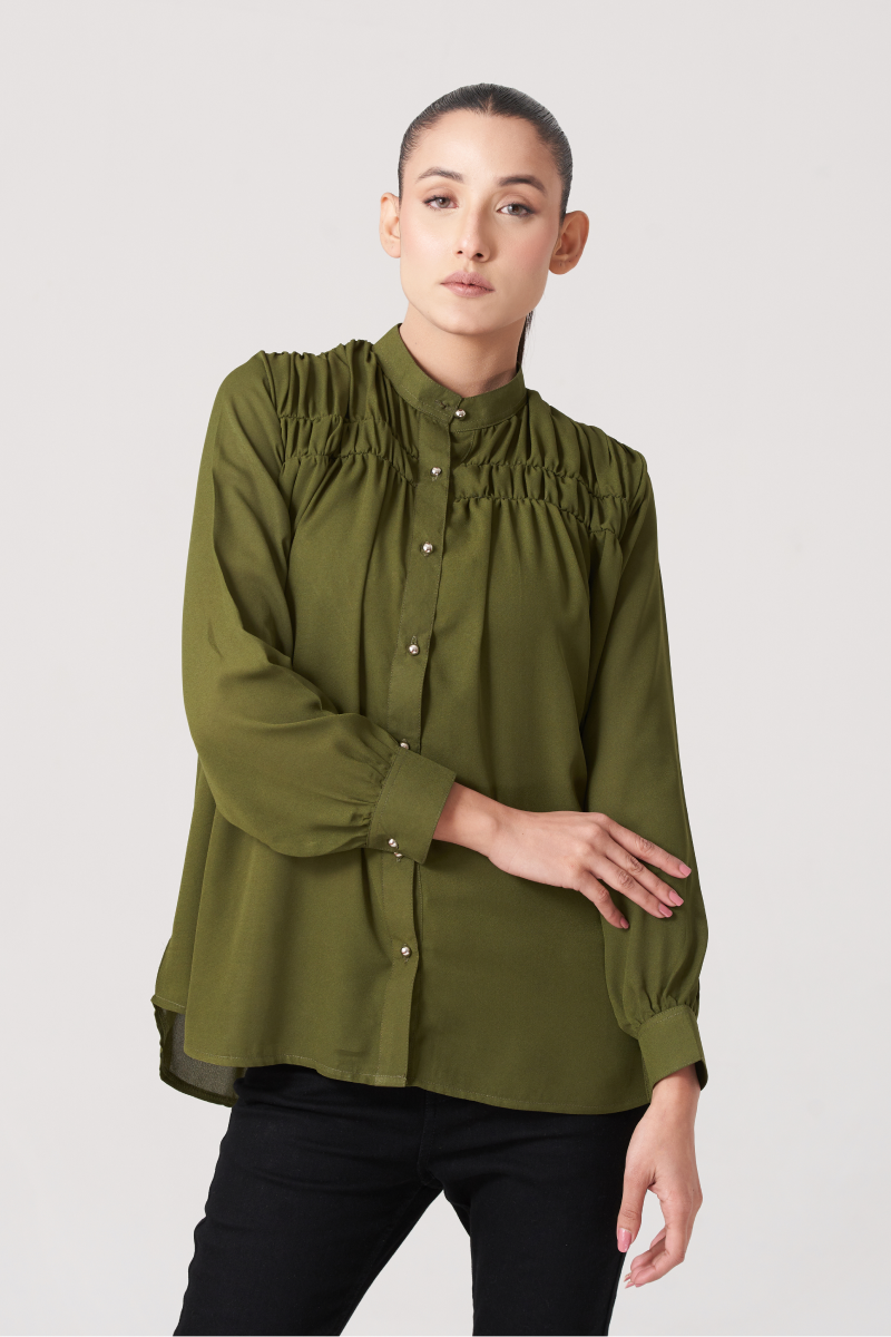 Olive Women's Gatherd Button Up Shirt
