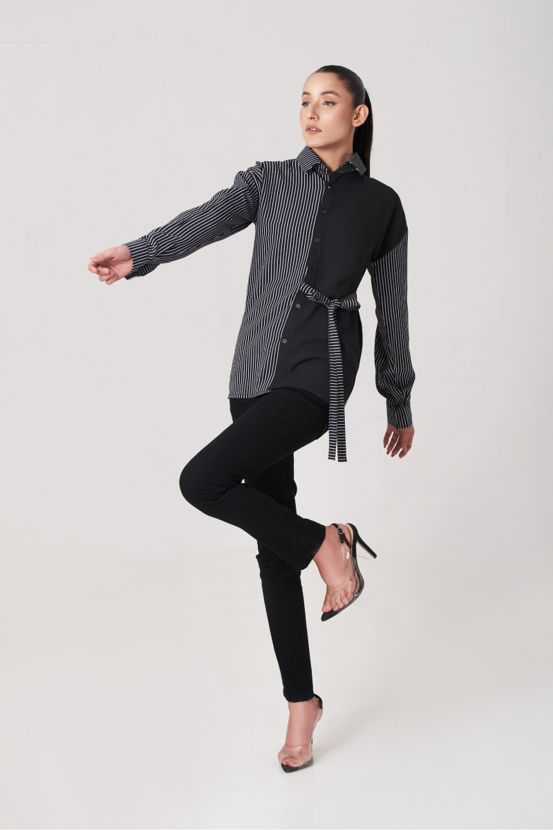 Black Women's Strip Button Down Shirt