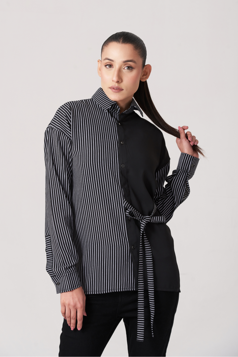 Black Women's Strip Button Down Shirt