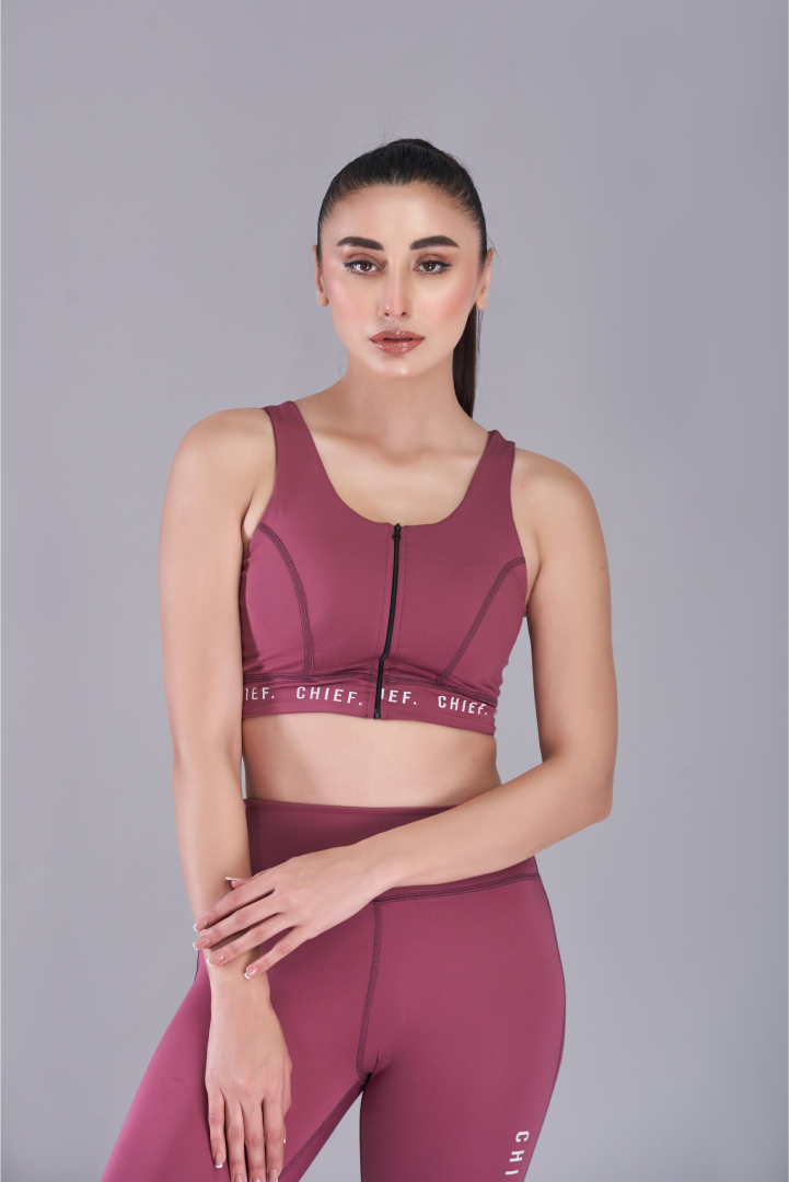 Plum Red Zipper Sports Bra