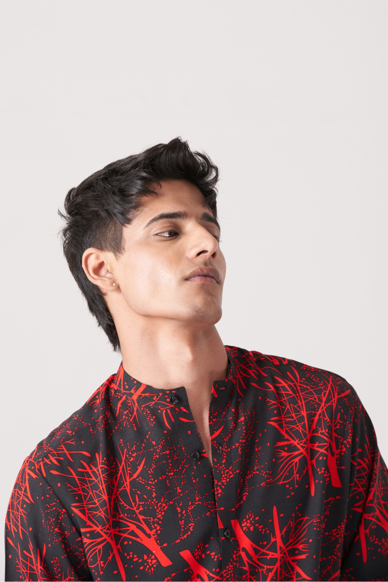 Red And Black Men's Fusion Style Casual Shirt