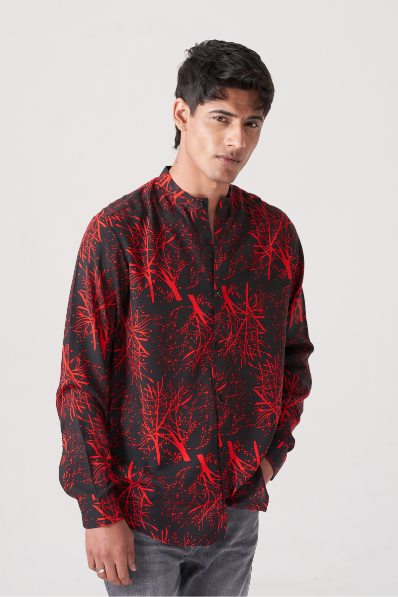 Red And Black Men's Fusion Style Casual Shirt