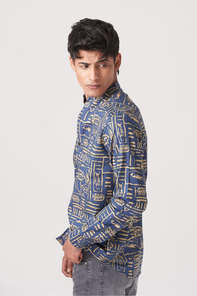Blue And Grey Men's Fusion Style Casual Shirt