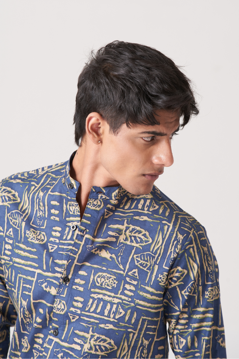 Blue And Grey Men's Fusion Style Casual Shirt