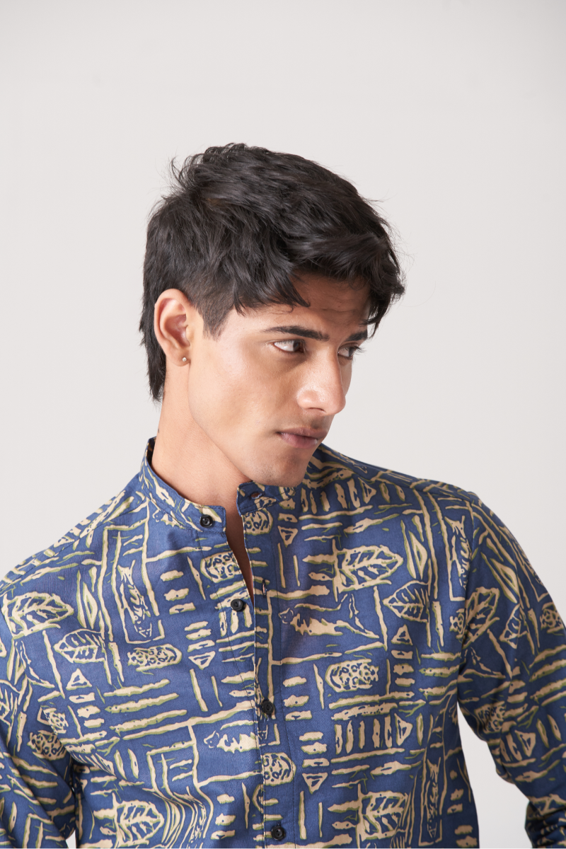 Blue And Grey Men's Fusion Style Casual Shirt