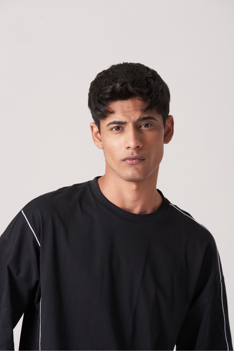 Black White Lines Stich Oversized T-Shirt