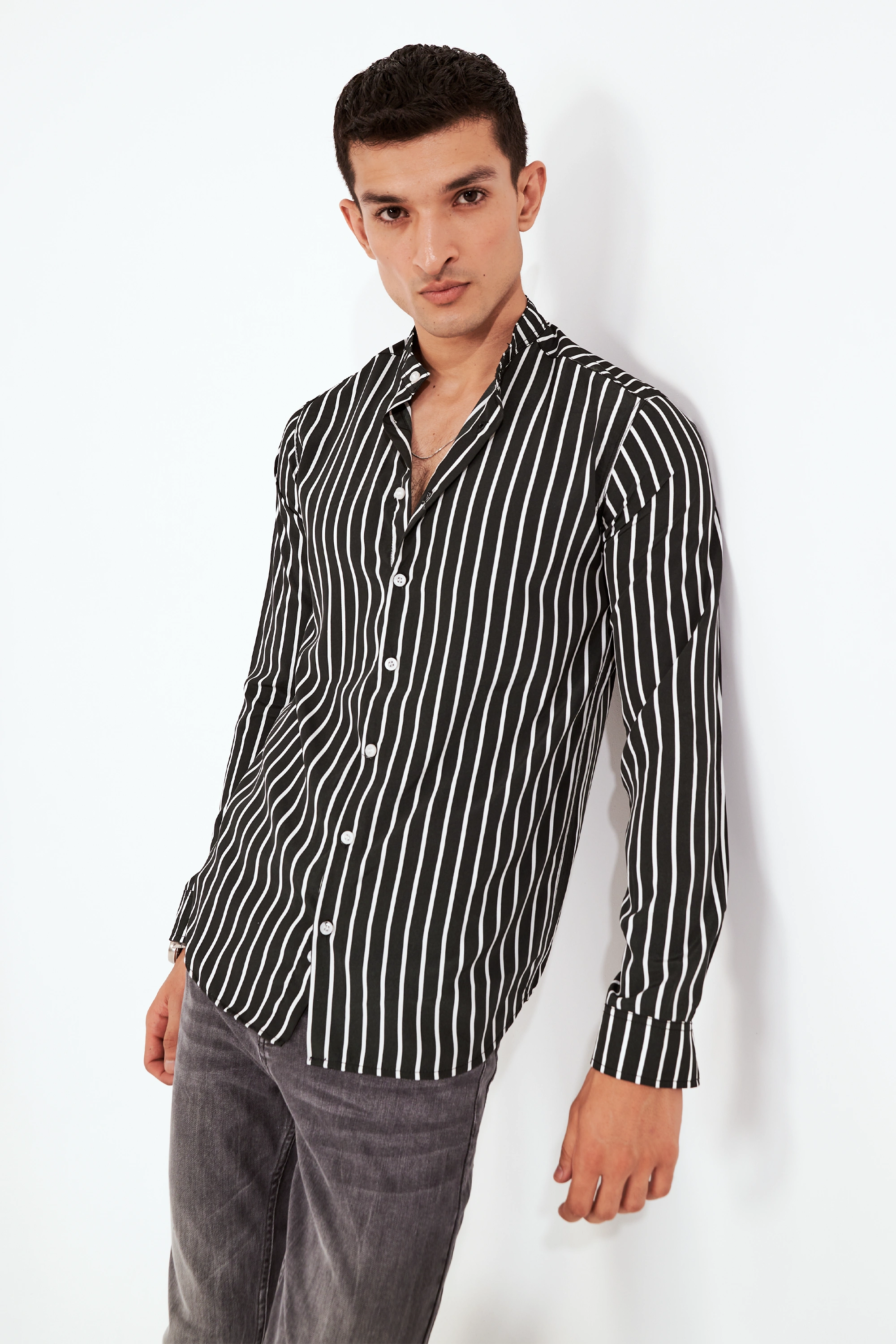 Men's Black Striped Button-Up Shirt