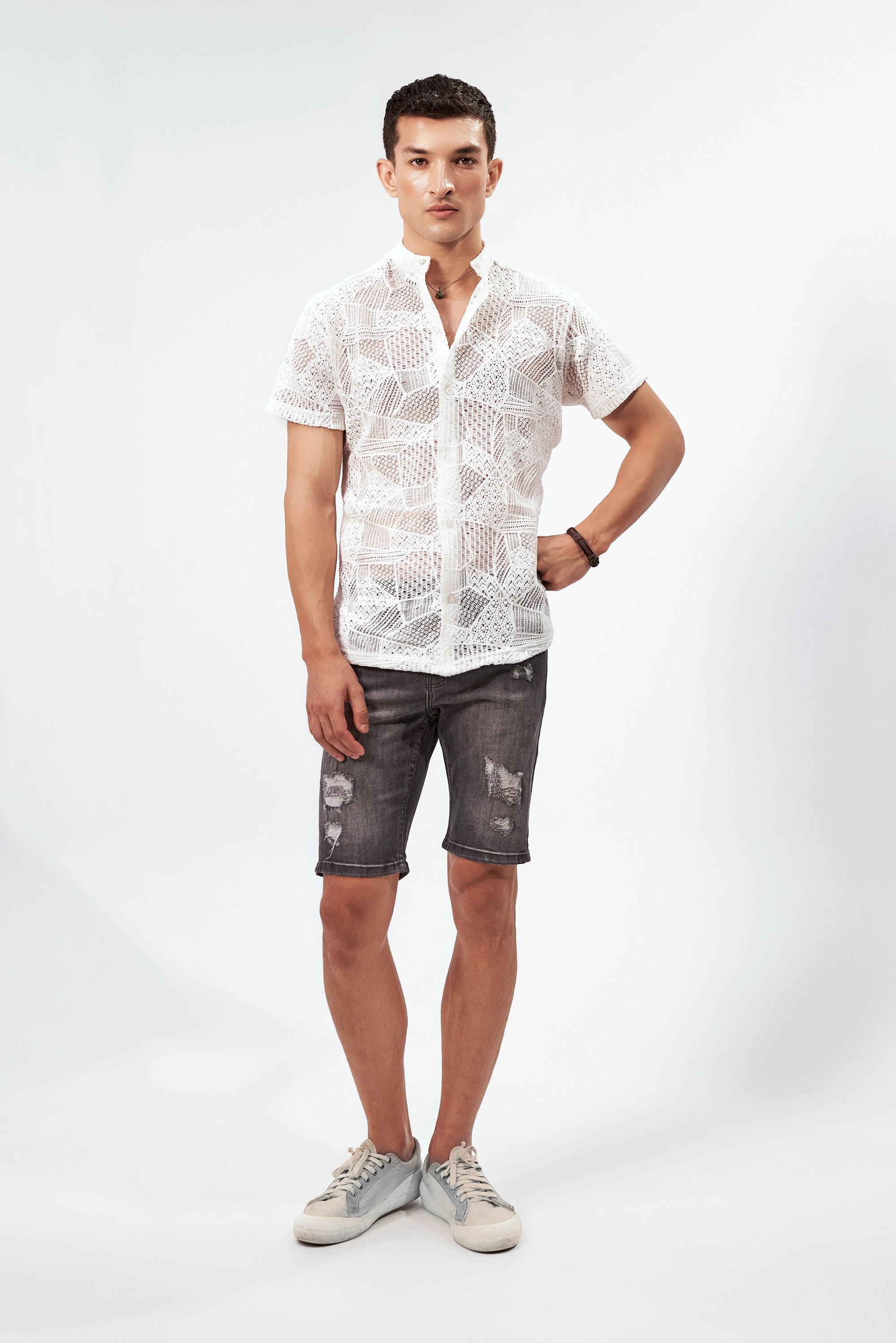 Men's Semi-Sheer Floral Shirt White