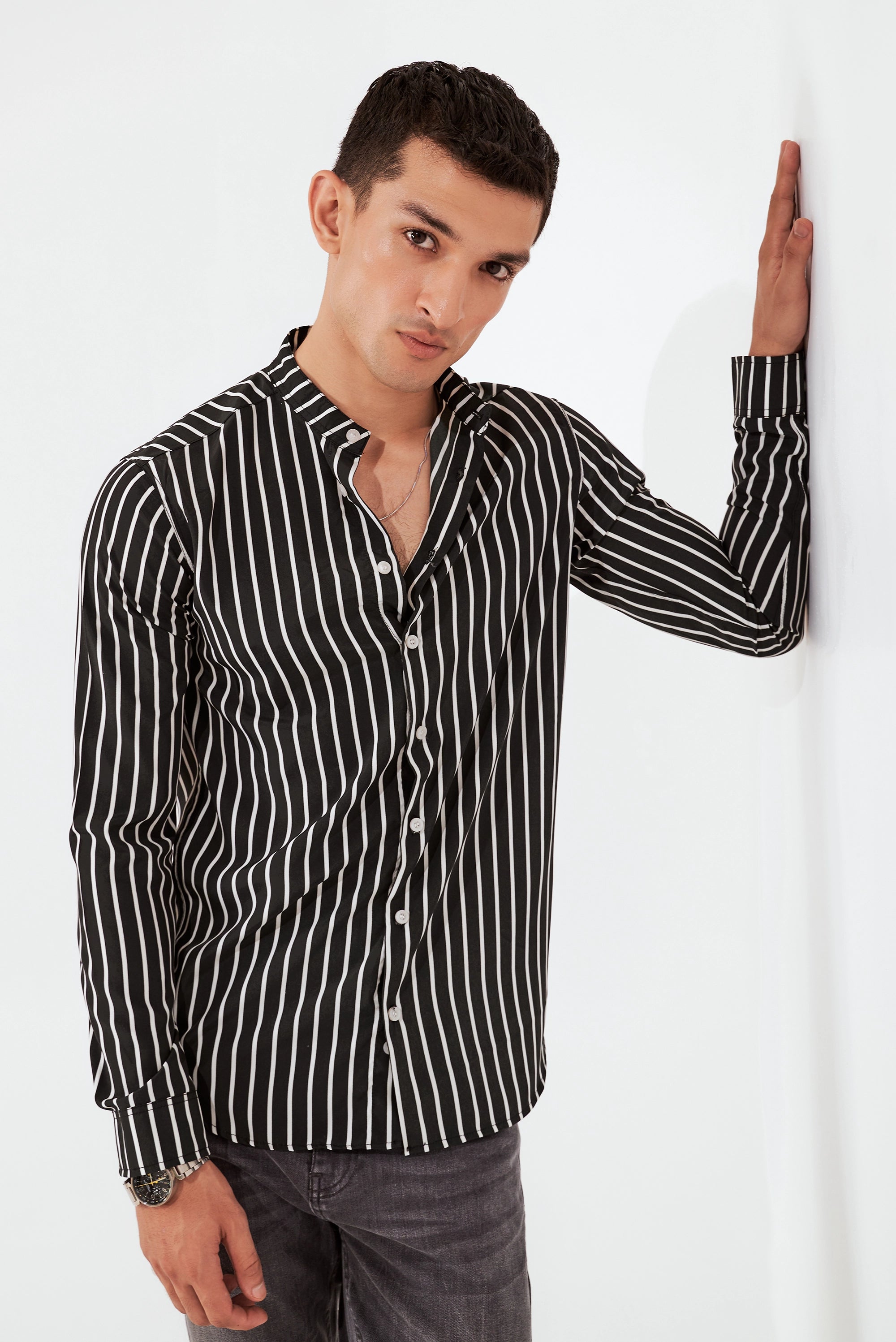 Men's Black Striped Button-Up Shirt