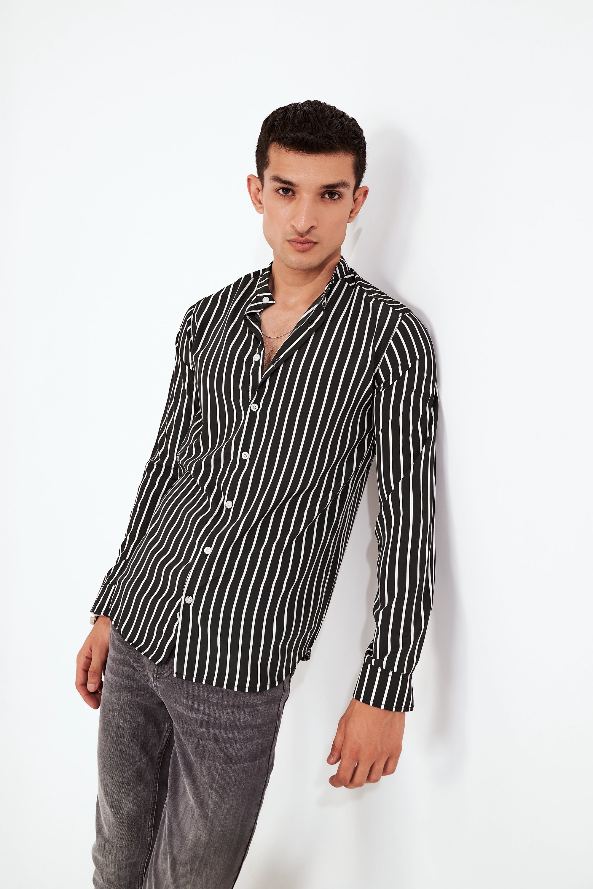 Men's Black Striped Button-Up Shirt