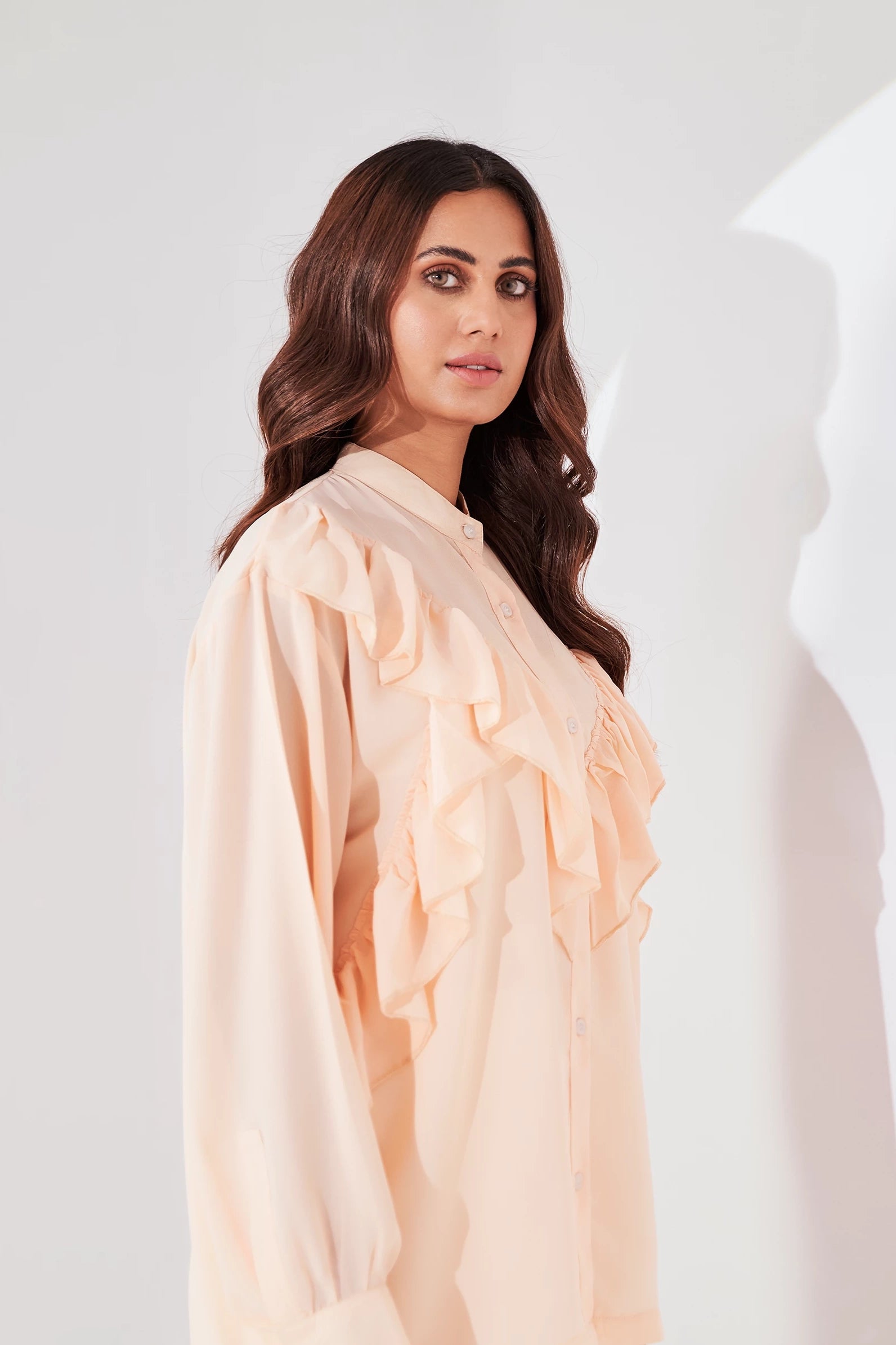 Women's Button Up Ruffle Blouse Pink