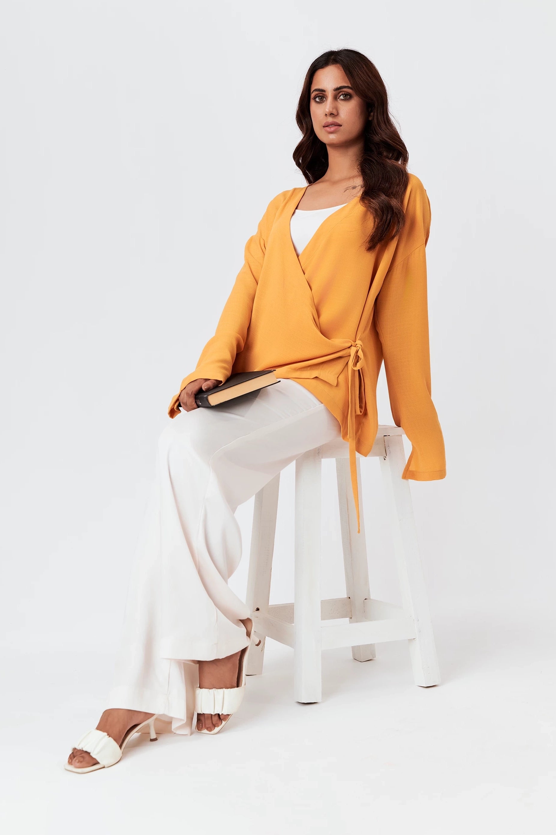 Women's Tie Waist Wrap Kimono Top Mustard