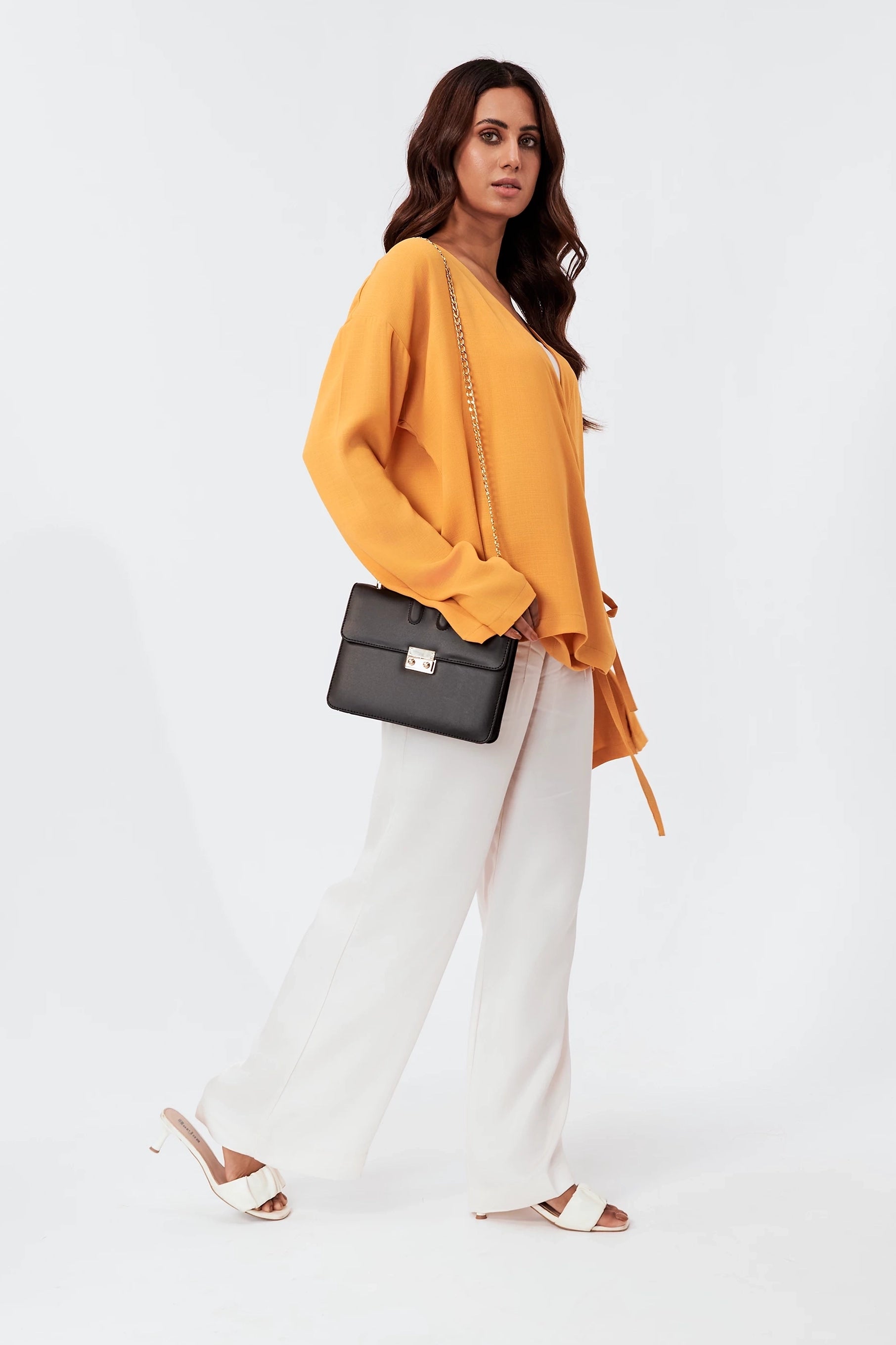 Women's Tie Waist Wrap Kimono Top Mustard