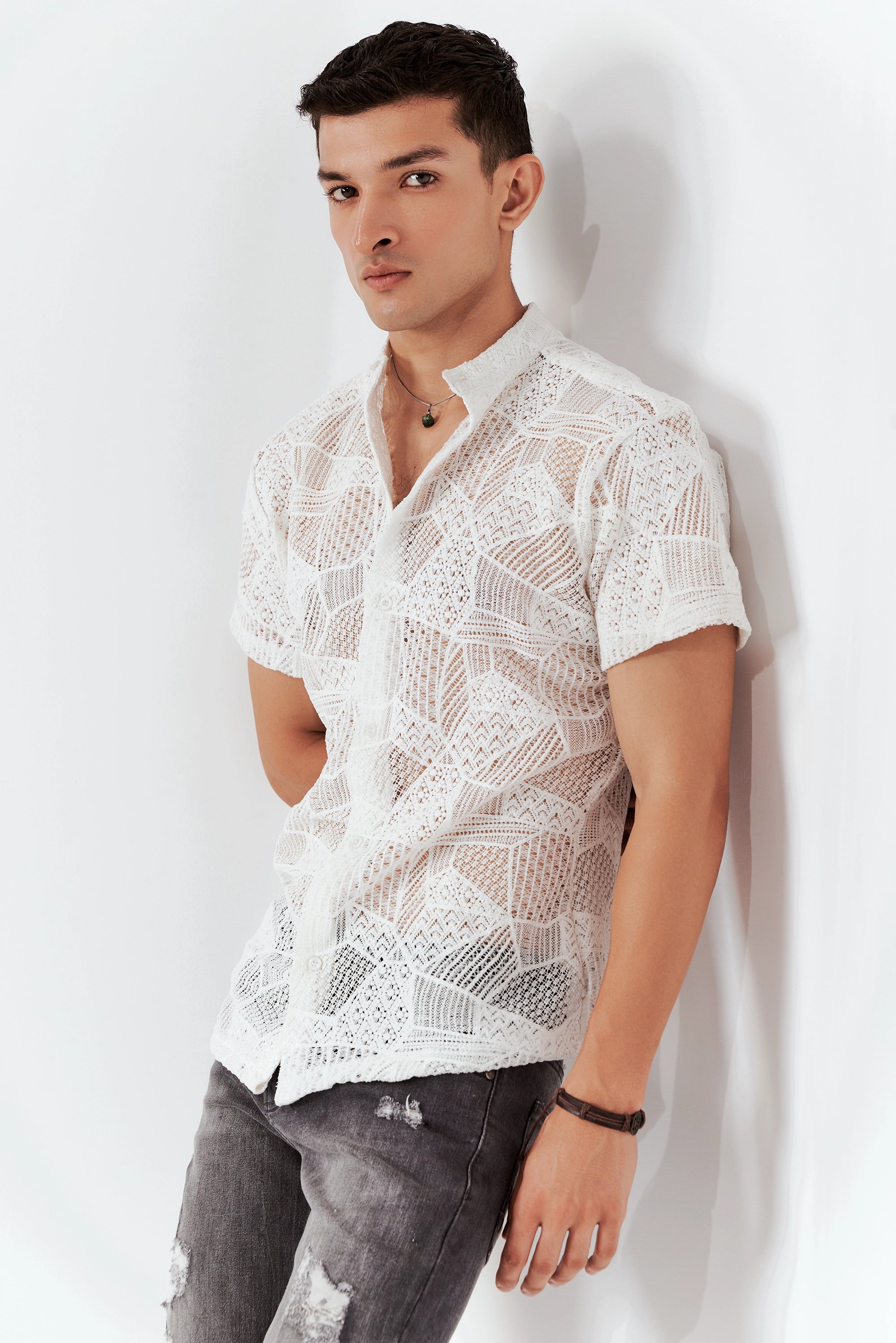 Men's Semi-Sheer Floral Shirt White