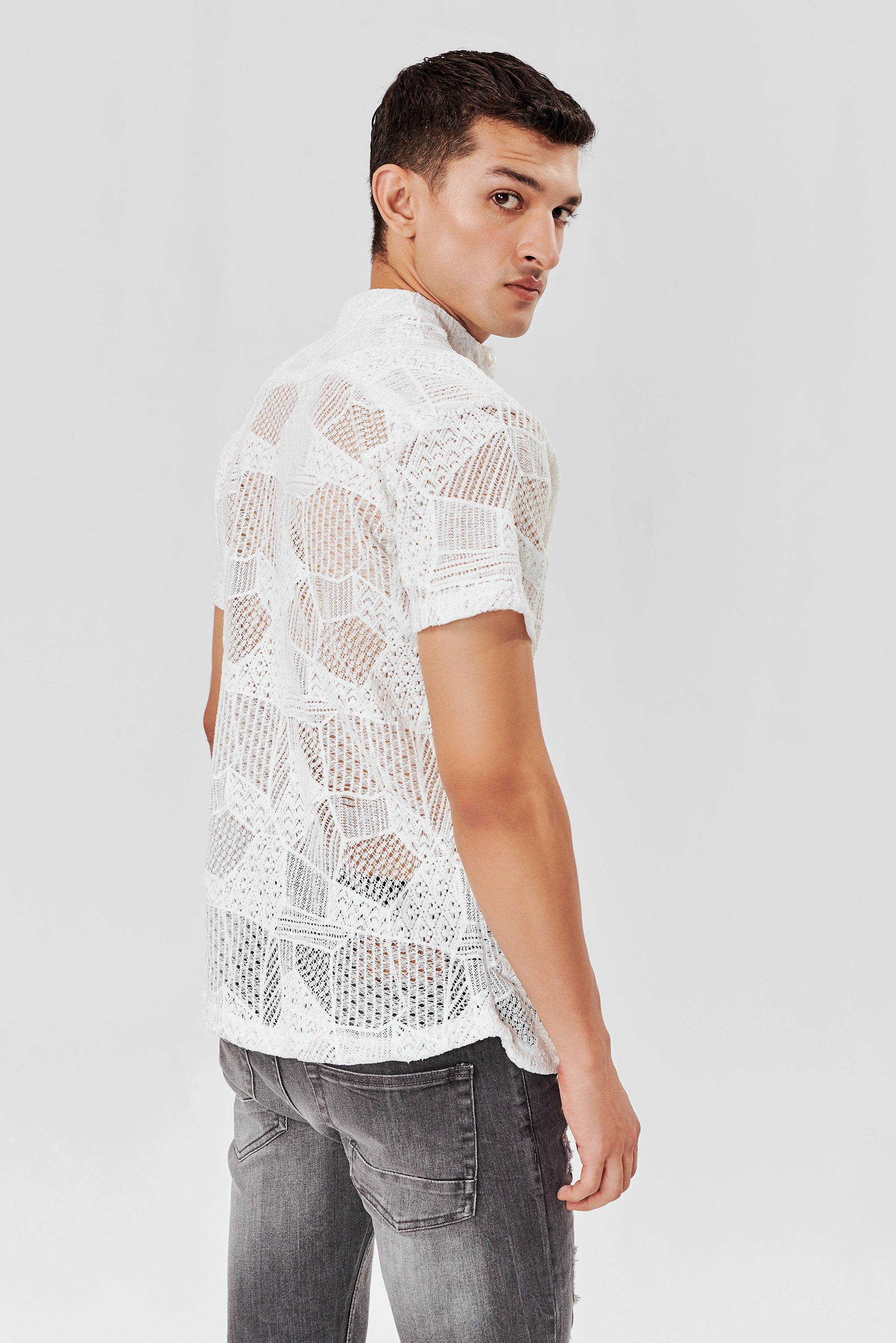 Men's Semi-Sheer Floral Shirt White